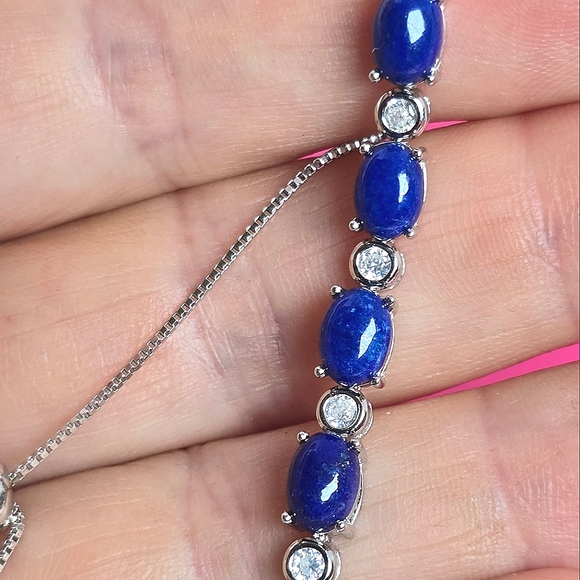 Natural Lapis Lazuli & CZ 925 Sterling Silver Bracelet - Picture 6 of 7